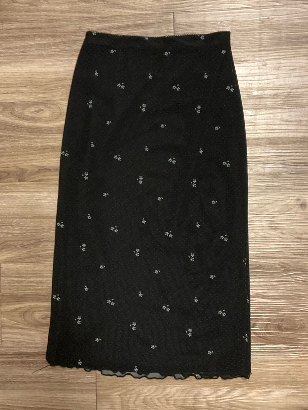 Forever 21 Black Midi Skirt with Tiny Floral Embroidery XS